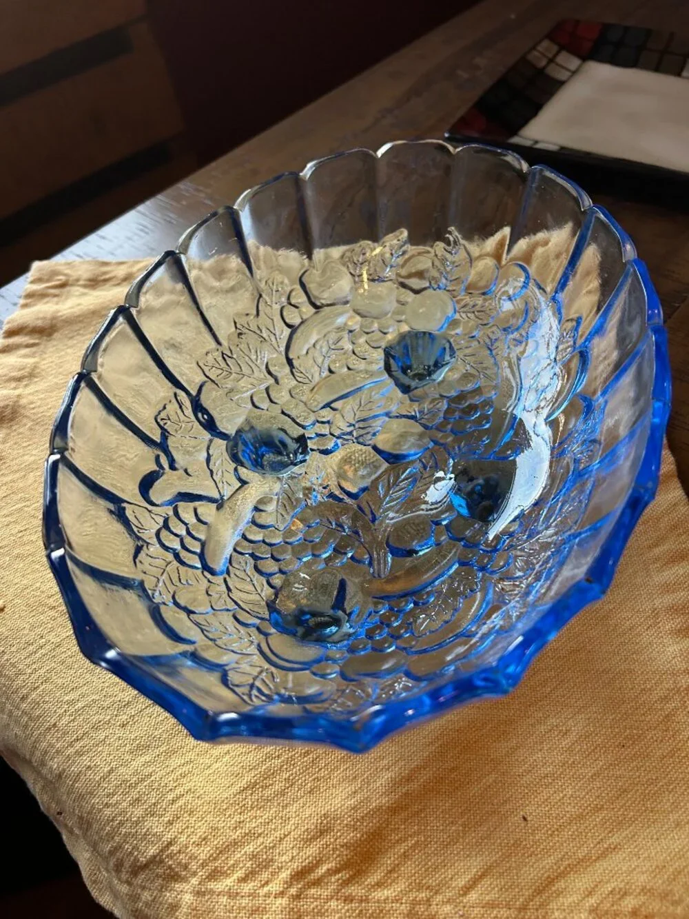 Vintage Indiana Glass  fruit   bowl   is a footed  oval  centerpiece  with a  sc